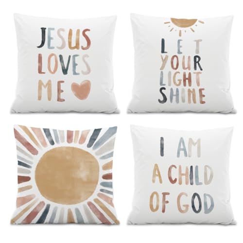 Image of ISANOU Jesus Loves Me Throw Pillow Covers, Sun Decorate Pillow Covers for Nursery Baby Room Kids Room,Inspirational Bible Verses 18x18 Inch Pillowcase Set of 4