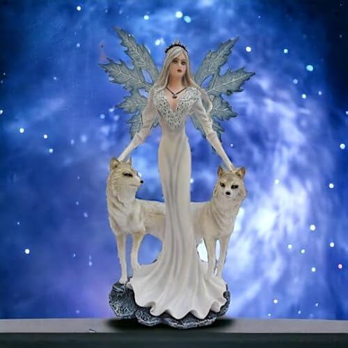 Image of Mystic Winter Guardian Angel with Wolves Statue | Ethereal Ice Wolf Companions Figurine | Celestial Resin Sculpture | Majestic Decor