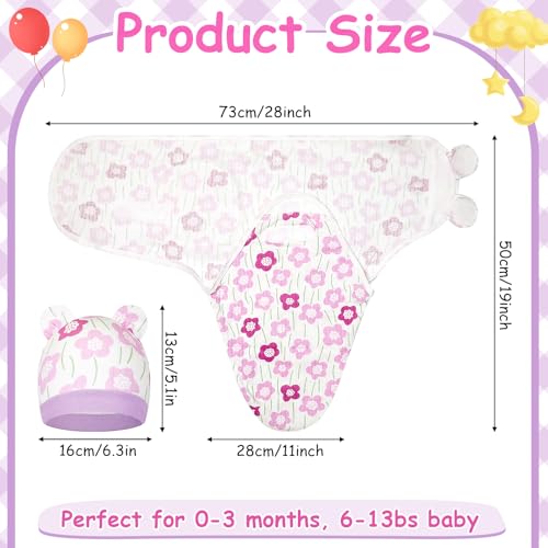 Image of Ramede 6 Pack Swaddle Blanket with Hats for Baby Girl Boy 100% Cotton Swaddles 0-3 Months, Adjustable Breathable Skin Friendly Receiving Blanket Wrap, Essential for Newborns(Flower,Pink and Green)