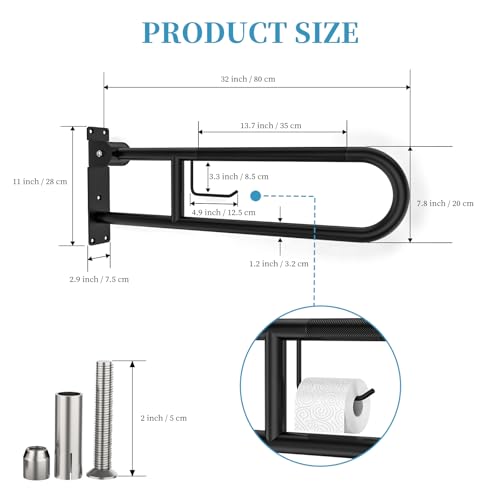Image of Toilet Grab Bar 30.3 Inch Black, Munzong Anti-Slip Handicap Grab Bars with Paper Holder, Flip-Up Bathroom Safety Rails, Stainless Steel Knurled Support handrails for Seniors Elderly Disabled Pregnant