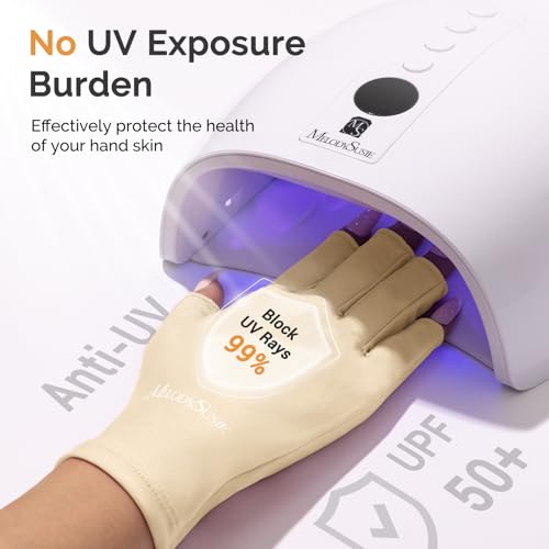 Image of MelodySusie Premium UV Protection Gloves for Manicures, Cool Feeling Fabric,Professional UPF50+, UV Nail Gloves for Gel Nail Lamp, Anti UV Light, Skin Care Fingerless Design,Beige White