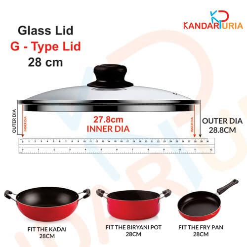 Image of Kandaruria Glass Lid, Toughened Glass with Steam Vent, Stainless Steel Rim, Compatible fit with Kadai, Biryani Pot, Fry Pan, all G Type cookware (28cm)