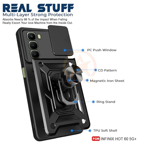 Image of Armor Bumper Back Cover Case for Infinix Hot 60 5G Rotating Camera Cover, Ring Holder & Kickstand | Heavy Duty & 360 Degree Protection Infinix Hot 60 5G Back Cover (Black)