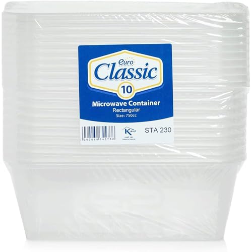 Euro Classic Essential Housewares 10 Food Containers with Lids - 750ml. BPA-Free Leak-Proof Plastic Lunch Box Meal Prep Containers Reusable. Lunchbox Snack Box Food Storage Containers.