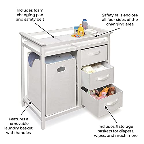 Image of Badger Basket Modern Baby Changing Table - Nursery Furniture with Laundry Hamper and 3 Storage Drawers - Diaper Changing Station with Safety Belt, Changing Pad, and Organizer Baskets - White