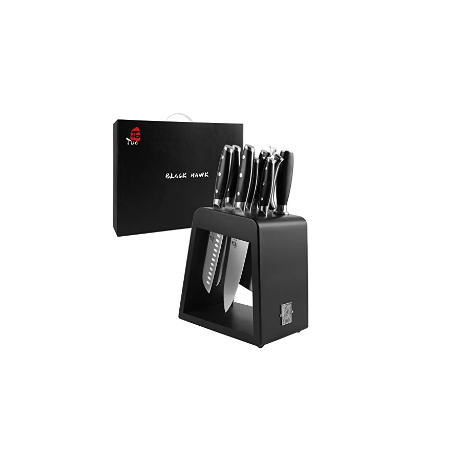 TUO-Kitchen-Knife-Set-10-Pieces-Knife-Set-with-Wooden-Block-Premium-Forged-German-Stainless-Steel-Ergonomic-Pakkawood-Handle-Black-Hawk-Series-with-Gift-Box TUO Kitchen Knife Set - 10 Pieces Knife Set with Wooden Block - Premium Forged German Stainless Steel, Ergonomic Pakkawood Handle - Black Hawk Series with Gift Box