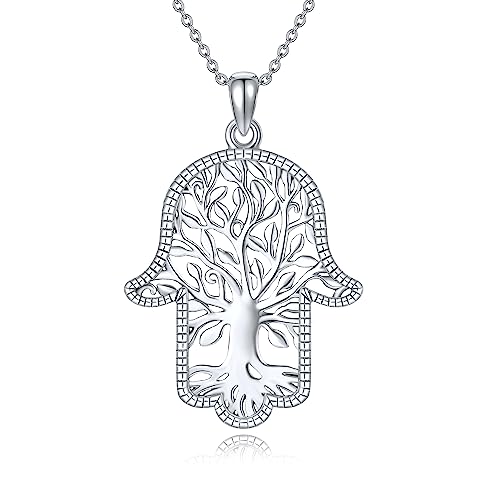 Image of YAFEINI Hamsa Hand Tree of Life Necklace 925 Sterling Silver Hamsa Hand Tree of Life Jewellery Gifts for Women Men