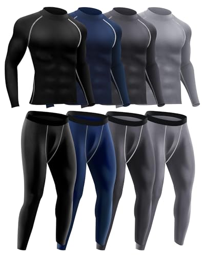 Hicarer 4/6 Set Men's Compression Shirts Pants Long Sleeve Base Layer Set Thermal Underwear for Men Running Gym Yoga Sports(4 Set,Base Color,XX-Large)