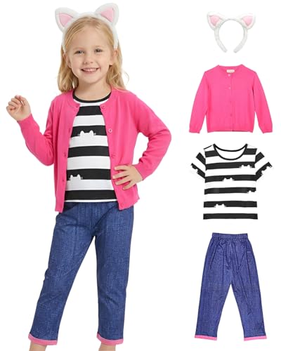 CheerfulChic Cat Striped Outfit Set with Cardigan Tee Pants & Headband - Cute Costume-120cm/4-5T