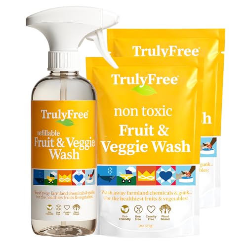 Truly Free Fruit and Vegetable Wash - Veggie Wash Removes 99% of Dirt & Wax | Plant-Based Produce Cleaner Spray | No Aftertaste Refillable Made in USA | Fragrance-Free 16oz