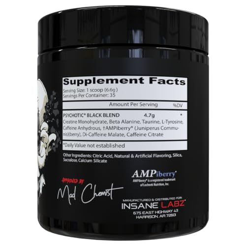 Image of Insane Labz Psychotic Black Edition Mid Stimulant Pre Workout Powder, Energy Focus Pumps, Loaded with Creatine Beta Alanine Taurine Fueled by AMPiberry, 35 Servings (Agua Fresca)