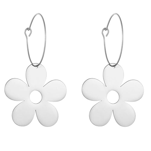 OEIOTEI Women's Stainless Steel Silver Flower Earrings Hanging Shiny Hoop Silver Drop Earrings (2.5 cm Diameter) Boho Earrings Silver Hypoallergenic Earrings Jewellery for Women Girls, Stainless Steel