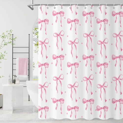 Caheansi Pink Bow Shower Curtain Pink and White Modern Aesthetic Bowknot with Polka Dot Cute Girly Bathroom Curtain Waterproof Fabric Machine Washable with Hooks 72 Wx72 L