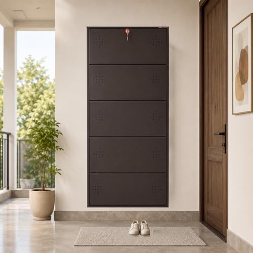 Image of 5 Door Wall Mounted Metal Shoe Rack Cabinet with Lock | Space Saving Shoe Storage Cabinet | Dustproof & Ventilated Shoe Organizer for Home, Entryway, Bedroom & Balcony | Brown | 63 x 26 x 6 Inch