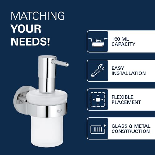 Image of Grohe Essentials Soap Dispenser for Wash Basin | Wall Mounted | 160ml Liquid Soap or Lotion Dispenser | Glass & Metal Construction | 2 Year Warranty | Chrome Finish | 40394001