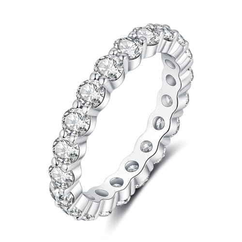 IMOLOVE Moissanite Wedding Band for Women, 3MM 18K White Gold Plated Sterling Silver Full Eternity Ring D Color VVS1 Round Cut Anniversary Promise Jewelry Size 6.5– Shine Bright, Spend Light