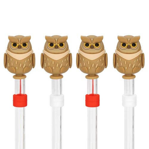 CAIRIAC Straw Covers, Silicone Straw Tip Covers Cute Owl Straw Covers Caps, Gift Straw Toppers for Tumblers, Reusable Drinking Dust Proof Straw Tip Covers for 6-8mm Straws (4 Pack), brown, red, white