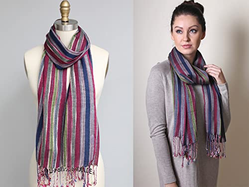 (4 COLORS) Multicolor Shimmer Metallic Stripe Scarf, Women's Lightweight Jewel Pashmina Tassel Shawl4