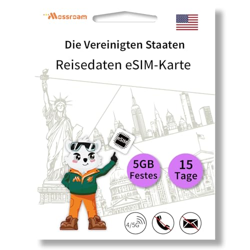 USA-Daten-eSIM-Karte: Insgesamt 5 GB Highspeed-Daten, 15-Tage-Prepaid-Plan, Hotspot-Unterstützung, QR-Code, kein Vertrag, Keine SIM-Karte, Keine Sprachanrufe, Keine SMS