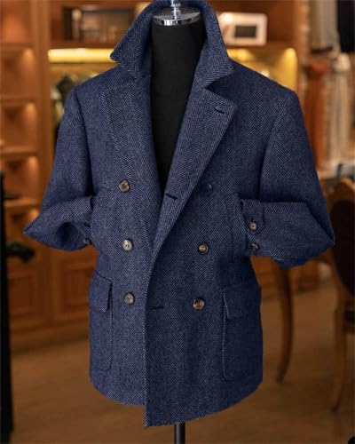Men's Vintage Herringbone Tweed Blazer British Wool Blend Double Breasted Lightweight Casual Sport Coat Formal Jacket3