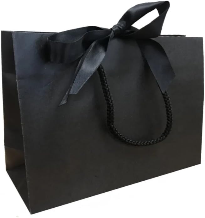 Black Boutique Luxury Shop Gift Bags Events Bag With Ribbon Tie - 3 SIZES (Black Large, 5 Bags)