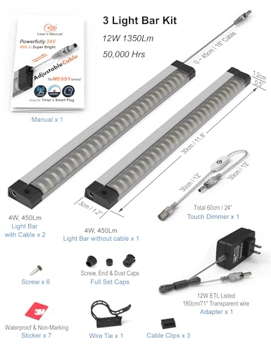 Image of EBD Neat Under Cabinet Lights Plug in or Hardwired 3 Pack 12 Inch, Under Counter Lighting No Messy Wires Built-in Adjustable Cable Touch Dimmer Warm White LED Light Bar for Kitchen Home Office