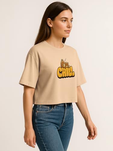 Image of HELLCAT Beige Printed Loose Fit Crew-Neck Crop T-Shirt for Women