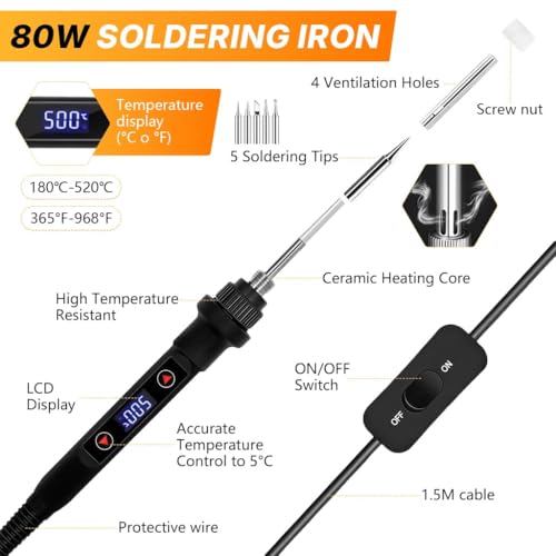 Image of 12-in-1 Soldering Iron Tool Kit 80W Fast Heat up LCD Soldering Gun Welding Tools with ON /OFF Switch, 180-500C Adjustable Temp Range, Includes Tips, Desoldering Pump, Stand, Tweezers (12-in-1)