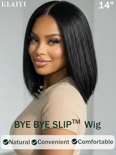 Image of KLAIYI Bye Bye Slip Bob Wig Human Hair Glueless Precut 7x5 HD Lace Front Wigs Drawstring Sleek Straight Pre Plucked Bleached Knots Pre Everything 30S Ready to Wear and Go Wig Beginner Friendly 14Inch