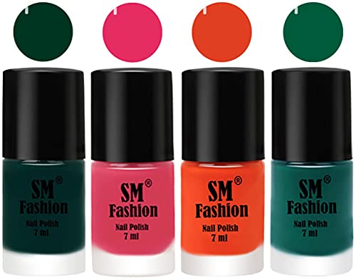 Image of Nail Polish Combo Set (Pack of 4) Quick Dry Gel Finish Nail Paint | Dark Green,Dark Rose Pink,Reddish Orange ,Green | 7 ml Each