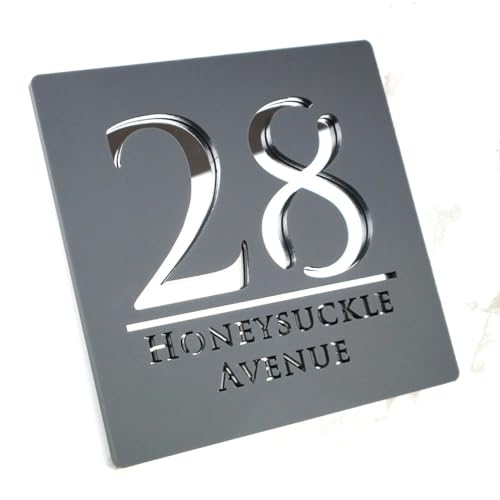 MXN Letrero de acrílico personalizado con números de casa modernos para puerta, dirección, calle, letras 3D, placa para decoración del hogar, 20 x 20 cm (gris plateado)