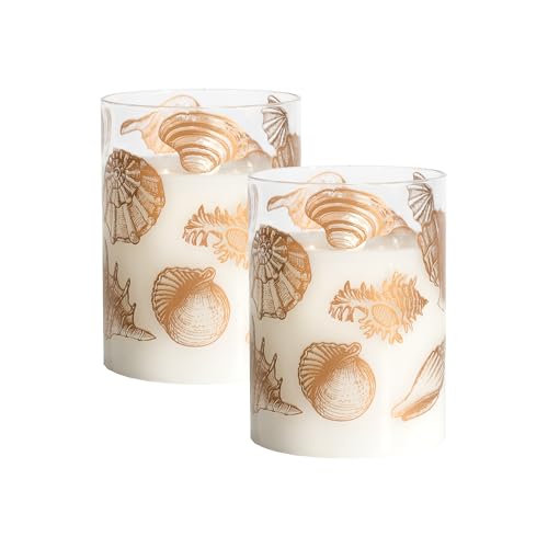 Image of LumaBase Battery Operated LED Glass Candles with Flickering Flame, Seashells - Set of 2