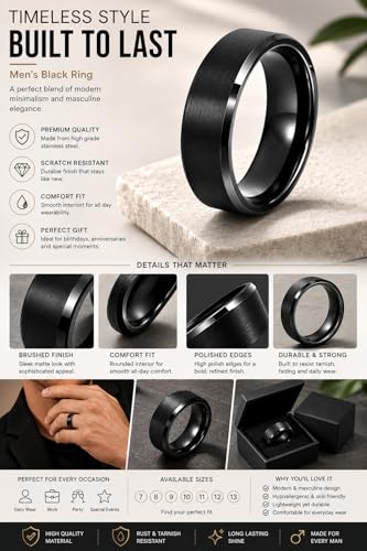 Image of VIEN Rings for Men Trendy 316L Stainless Steel Black Band Ring for Men and Boys