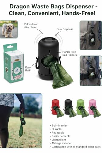 Image of DRAGON Waste Bags Durable Dispenser, Dog poop bags holder with Two Hooks on the side for Used Poop Bags, leash attachment strap and 15 Poop Bags (Black)