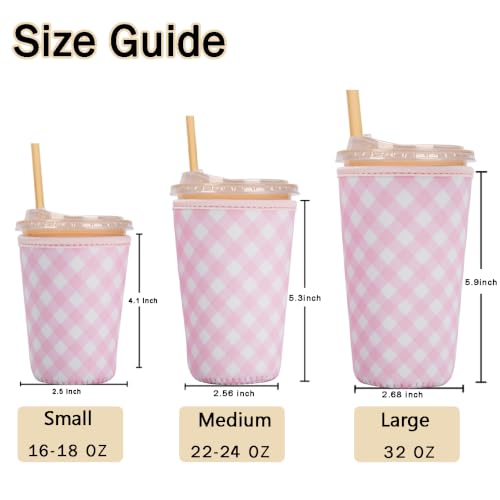 Image of Reusable Insulated Sleeve for Iced Coffee Cup, Coffee Neoprene Sleeve for Cold & Hot Drinks, Beverage Holder for Iced Coffee (Blush Gingham, Large: 32oz)
