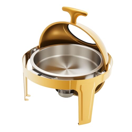 EasegantEl Chafing Dish Redondo INOX, Hornillo de acero inoxidable, Hornillo profesional dorado con tapa de cristal para asa, mango antideslizante para boda, fiesta, banquete, buffet libre capacidad