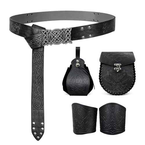 Ecoret-Pro Disfarce medieval homem mulher, bolsa de cintura de couro medieval de pele sintética e braceletes medievais, conjunto de acessórios de viking, cinto de cavalheiro renascentista gravado