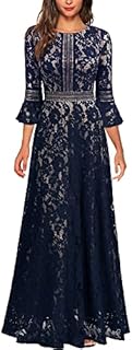 MISSMAY Women's Vintage Full Lace Contrast Bell Sleeve Formal Long Dress (Large, Navy Blue)