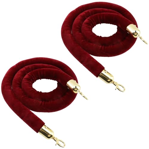 FarBoat 5 Foot Red Velvet Stanchion Rope, Set of 2 Crowd Control Barrier Rope with Polished Gold Hooks, Crowd Control Barrier Queue Ropes for Parties and Hotels, Red
