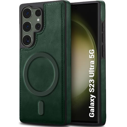 Image of TheGiftKart Genuine Leather Finish Back Cover Case for Samsung Galaxy S23 Ultra 5G | Raised Edges for Camera & Screen Protection | Shockproof Stunning Minimalist Design (MagSafe Compatible, Green)