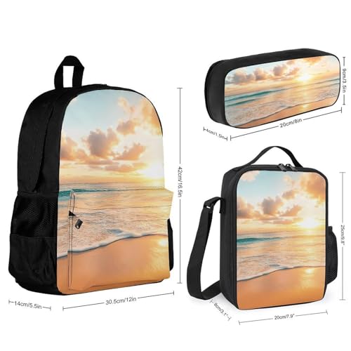 Beach Sunrise Over Sea Backpack 3 Set with Lunch Bag Insulated Shoulder Meal Tote Bags Pencil Case Box Casual Daypack2