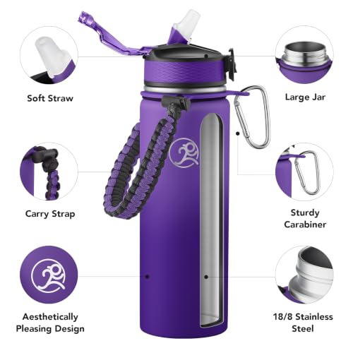 Image of GOSWAG 24oz Insulated Stainless Steel Travel Water Bottle, 2 Lids | with straw and no straw, Paracord handle, Double-wall vacuum keeps drinks cold or hot, Leakproof tumbler