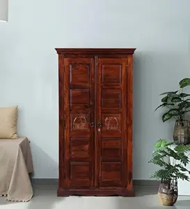 HM ART CREATIONS Mango Wood Solid Wood 2 Door Wardrobe for Living Room & Bedroom (Finish Color - Honey Oak Finish, Pre-Assembled)