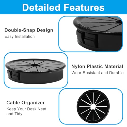 BokWin 50mm Cubierta de Agujero de Escritorio con Ajuste a presión, Negro, 6 piezas | Pasacables redondos de nailon, Gestión de cables y protección de cordones para escritorio y oficina miniatura 3
