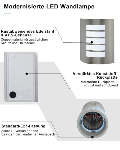 HiBay Außenlampe E27 Wandlampe IP44 Eckig Wandleuchte Gebürstet Edelstahl ABS Außenwandleuchten für Hauswand Balkon (Ohen Glühbirnen) – Ansicht 5