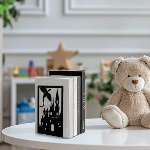 Peacoblue Metal Bookends for Shelves Room Decorative, Creative Heavy Duty Study Bookends Stoppers Holder Stand for Desk Shelf 4.7"x3.5"x7" Book Ends to Support Books, 1 Pair(Dragon Castle) - Image 5