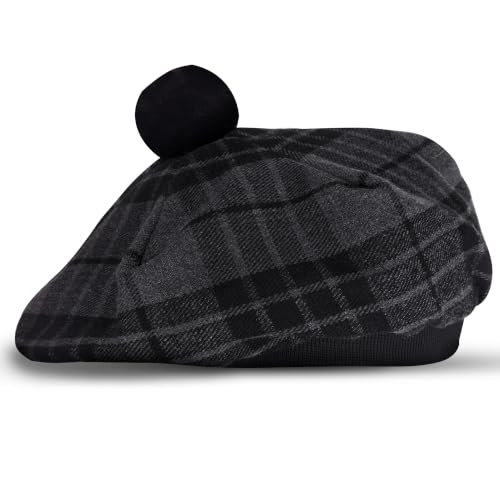 Image of Scottish Tam O' Shanter Hat Tartan Bonnet Pom Pom Wool Flat Cap One Size