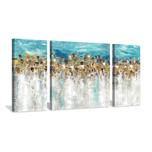 Abstract Paintings Canvas Wall Art: Modern Hand-Painted Textured Gold Foils Embellishment Picture Artwork For Walls (32'' X 16'' X 2 Panels + 32'' X 32'' X 1 Panel) #TOP16