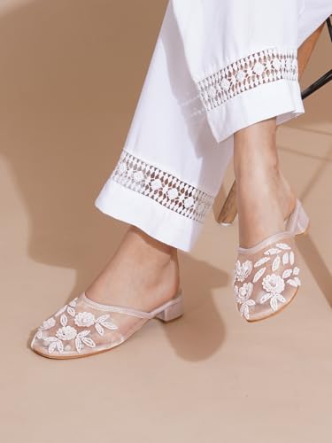 Image of TRYME Embellished Block Heel Mules for Women | Elegant Slip On Dress Sandals | Comfortable Fashion Heels for Casual, Wedding & Evening Occasions