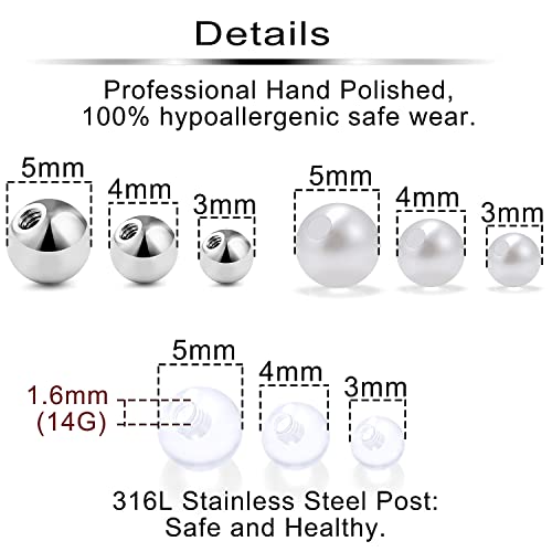 Ftovosyo 36Pcs 14G 3-5mm Multiple Different Sizes Replacement Balls Jewelry Piercing Stainless Steel Barbell Parts for Industrial Barbell/Nipple Rings/Tongue Rings2